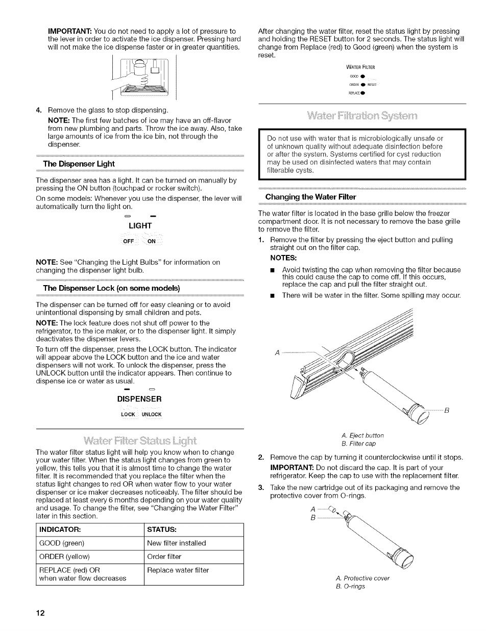 The dispenser light, Light, The dispenser lock (on some modeis) | Dispenser, Changing the water filter, Notes | Kenmore 10657034601 User Manual | Page 12 / 80