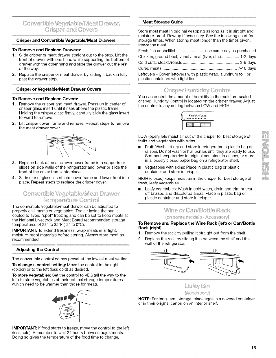 Meat storage guide, Crisper and convertibie vegetabie/meat drawers, To remove and repiace drawers | Adjusting the control, Using the controls | Kenmore 10657034601 User Manual | Page 15 / 80