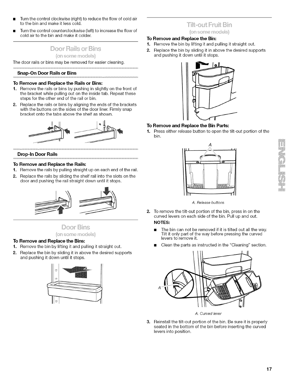 Snap-on door rails or bins, To remove and replace the rails or bins, Drop-in door rails | To remove and replace the rails, To remove and replace the bins, To remove and replace the bin parts | Kenmore 10657034601 User Manual | Page 17 / 80