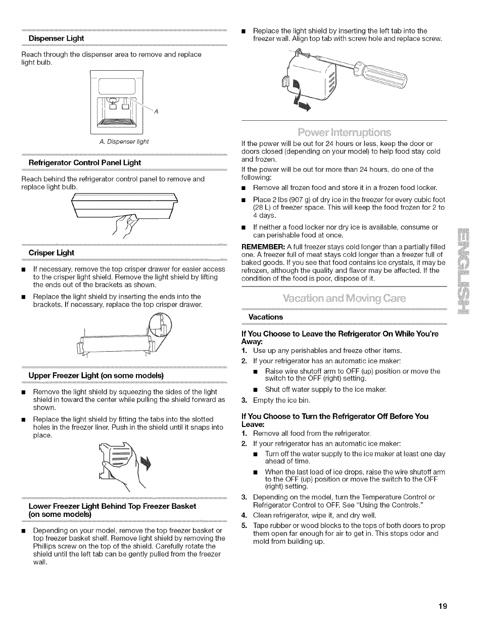 Refrigerator controi panei light, Crisper light, Upper freezer light (on some modeis) | Vacations | Kenmore 10657034601 User Manual | Page 19 / 80