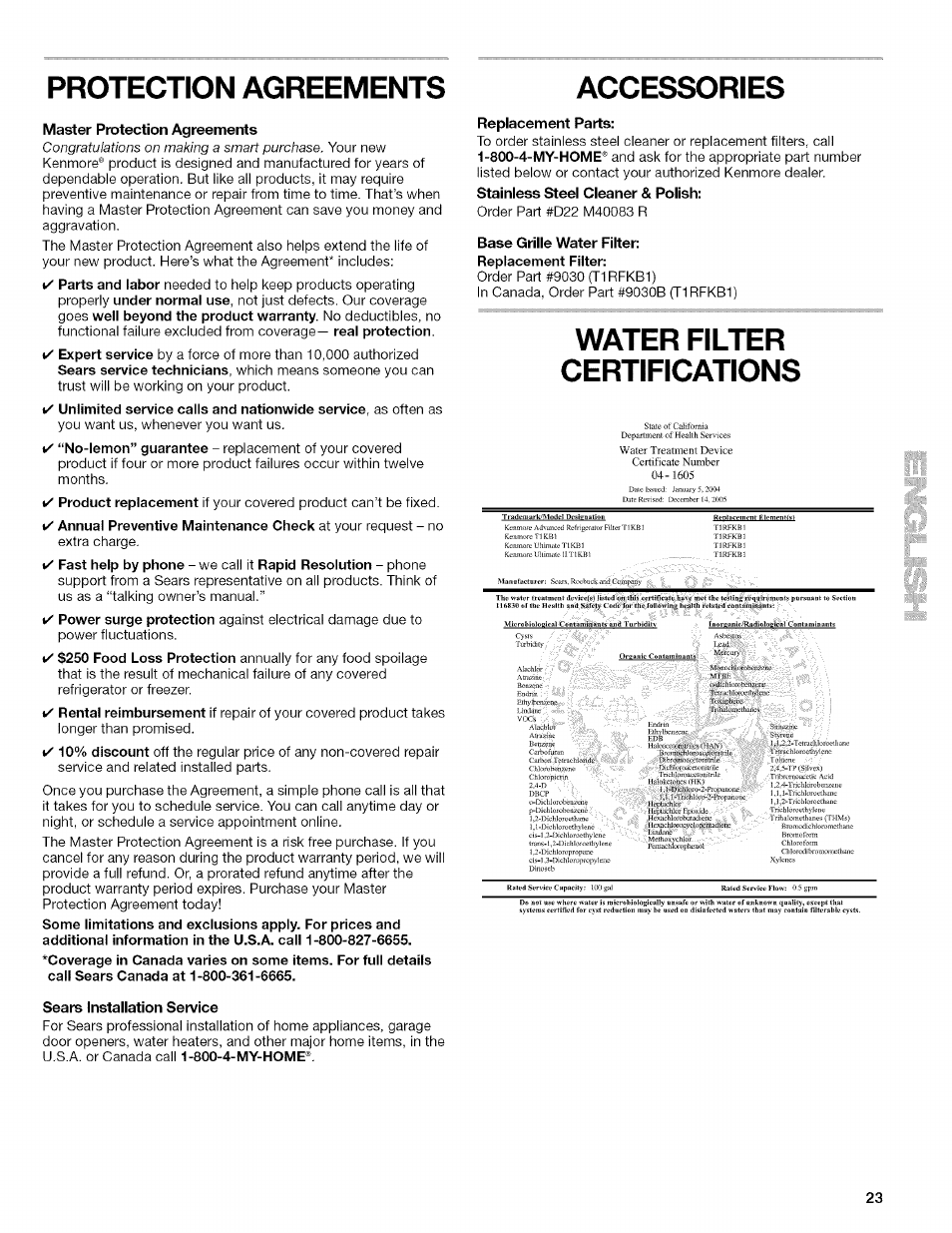 Protection agreements, Accessories, Master pratection agreements | Sears installation service, Replacement parts, Base grille water filter, Water filter certifications, Protection agreements accessories, Stainless steel cleaner, Polish | Kenmore 10657034601 User Manual | Page 23 / 80