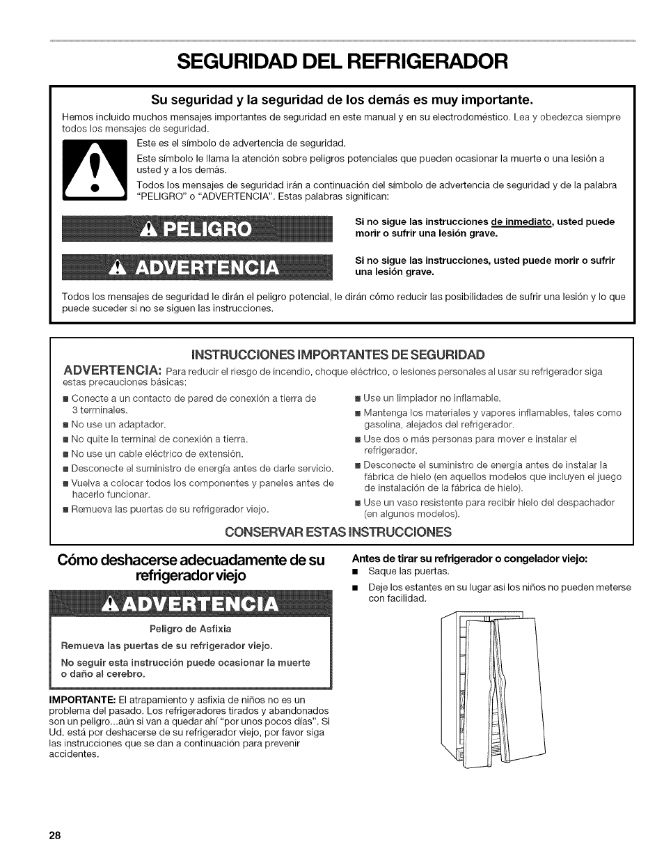 Seguridad del refrigerador, Dvertenci, Advertenci | Antes de tirar su refrigerador o congelador viejo | Kenmore 10657034601 User Manual | Page 28 / 80