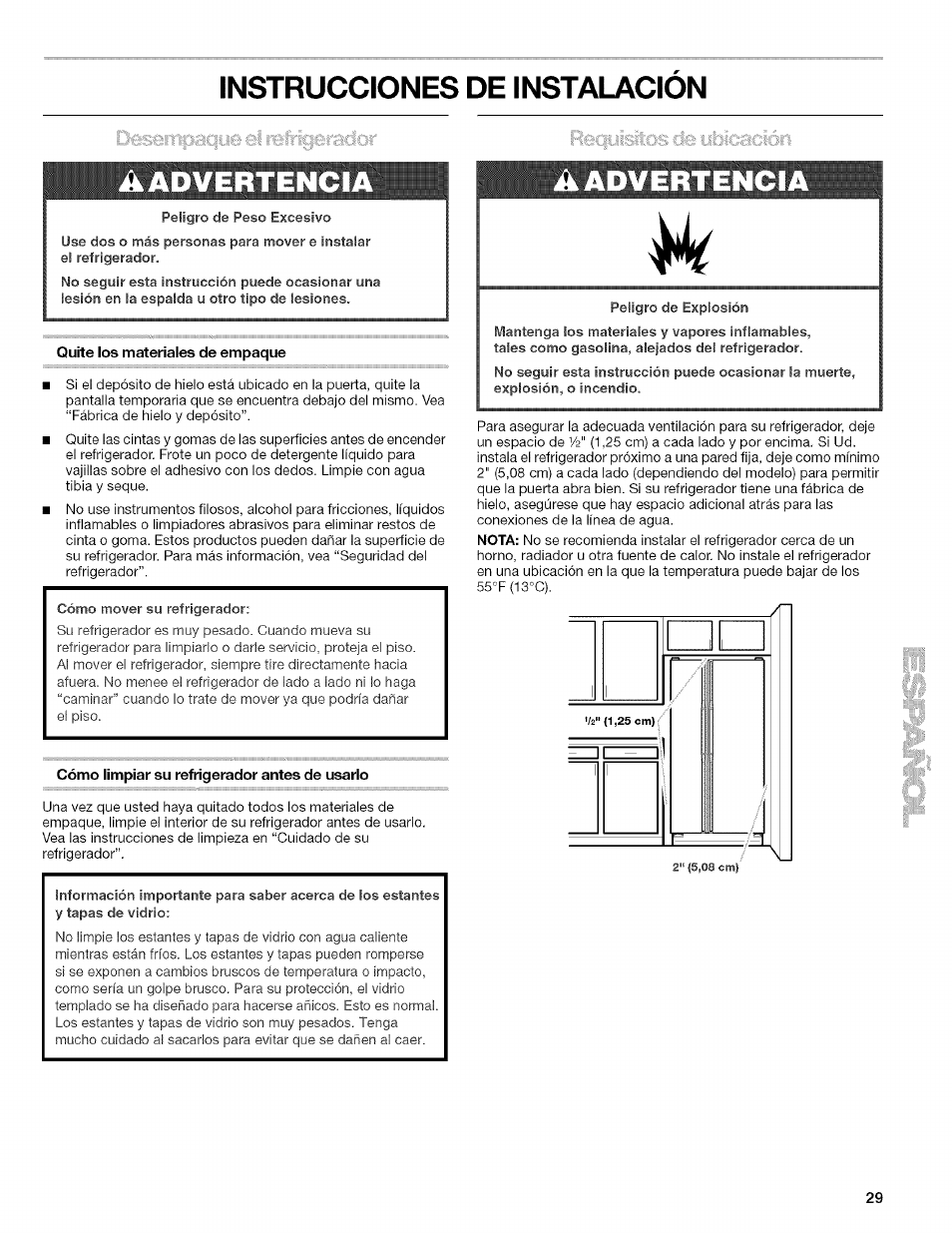 Instrucciones de instalacion, Ikadvertenci, Quite los materiales de empaque | Cómo limpiar su refrigerador antes de usarlo, Aadvertenci, Instrucciones de instalacion ikadvertenci, Aadvertenci w | Kenmore 10657034601 User Manual | Page 29 / 80