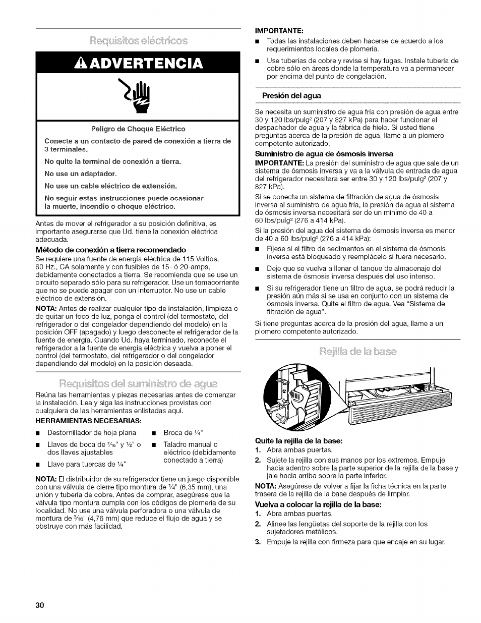 A advertencia, Importante, Presión del agua | Quite la rejilla de la base, A advertencia 'ii | Kenmore 10657034601 User Manual | Page 30 / 80