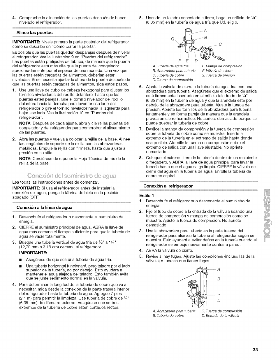Alinee las puertas, Conexión a la línea de agua, Importante | Conexión al refrigerador, Estilo 1 | Kenmore 10657034601 User Manual | Page 33 / 80