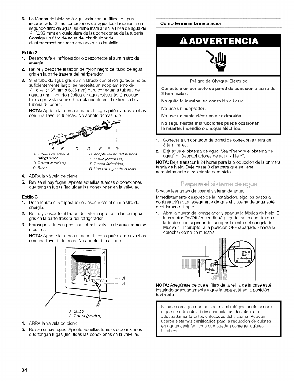 Estilo 2, Cómo terminar la instalación, Estilo 3 | Aadvertencia | Kenmore 10657034601 User Manual | Page 34 / 80