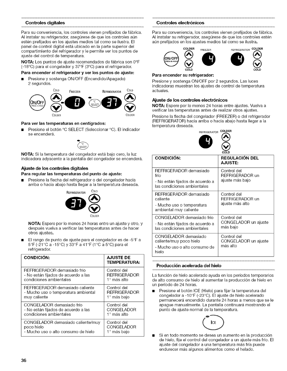 Para ver las temperaturas en centígrados, Ajuste de los controles digitales, Ajuste de los controles electrónicos | Producción acelerada del hielo | Kenmore 10657034601 User Manual | Page 36 / 80