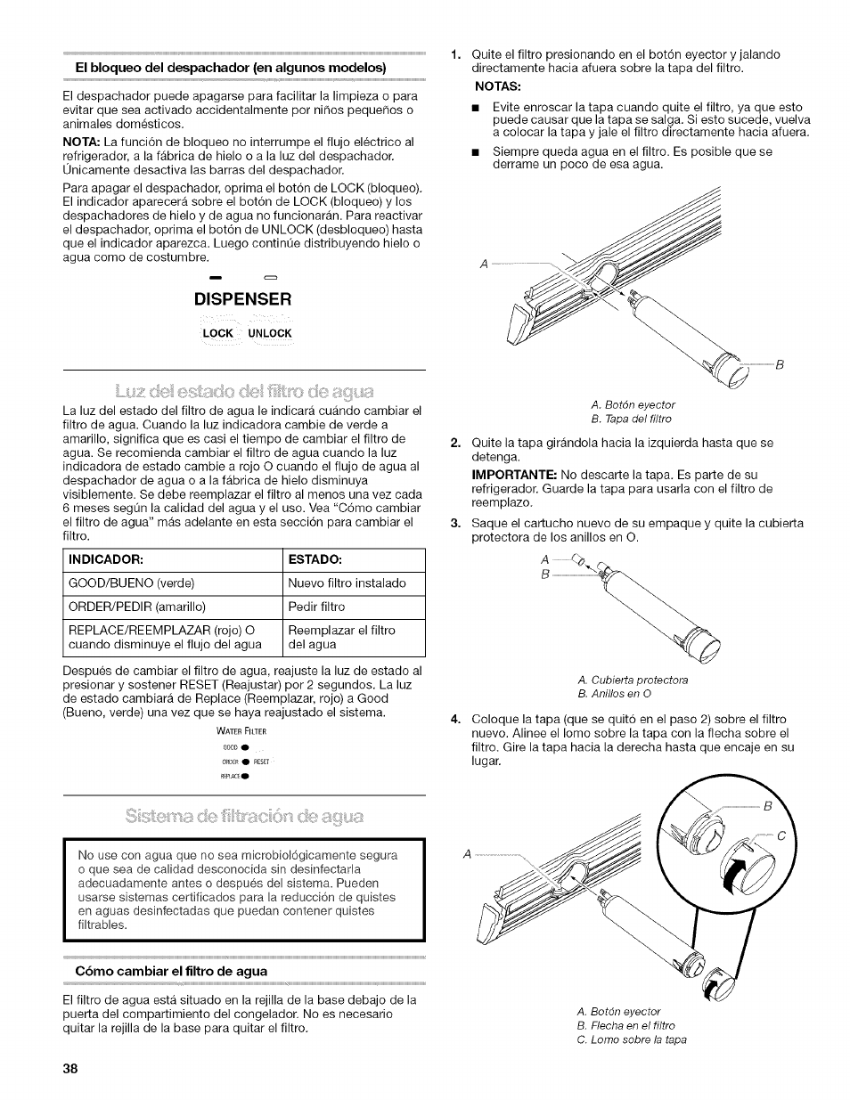 El bloqueo del despachador (en algunos modelos), Cómo cambiar el filtro de agua, Notas | Dispenser | Kenmore 10657034601 User Manual | Page 38 / 80