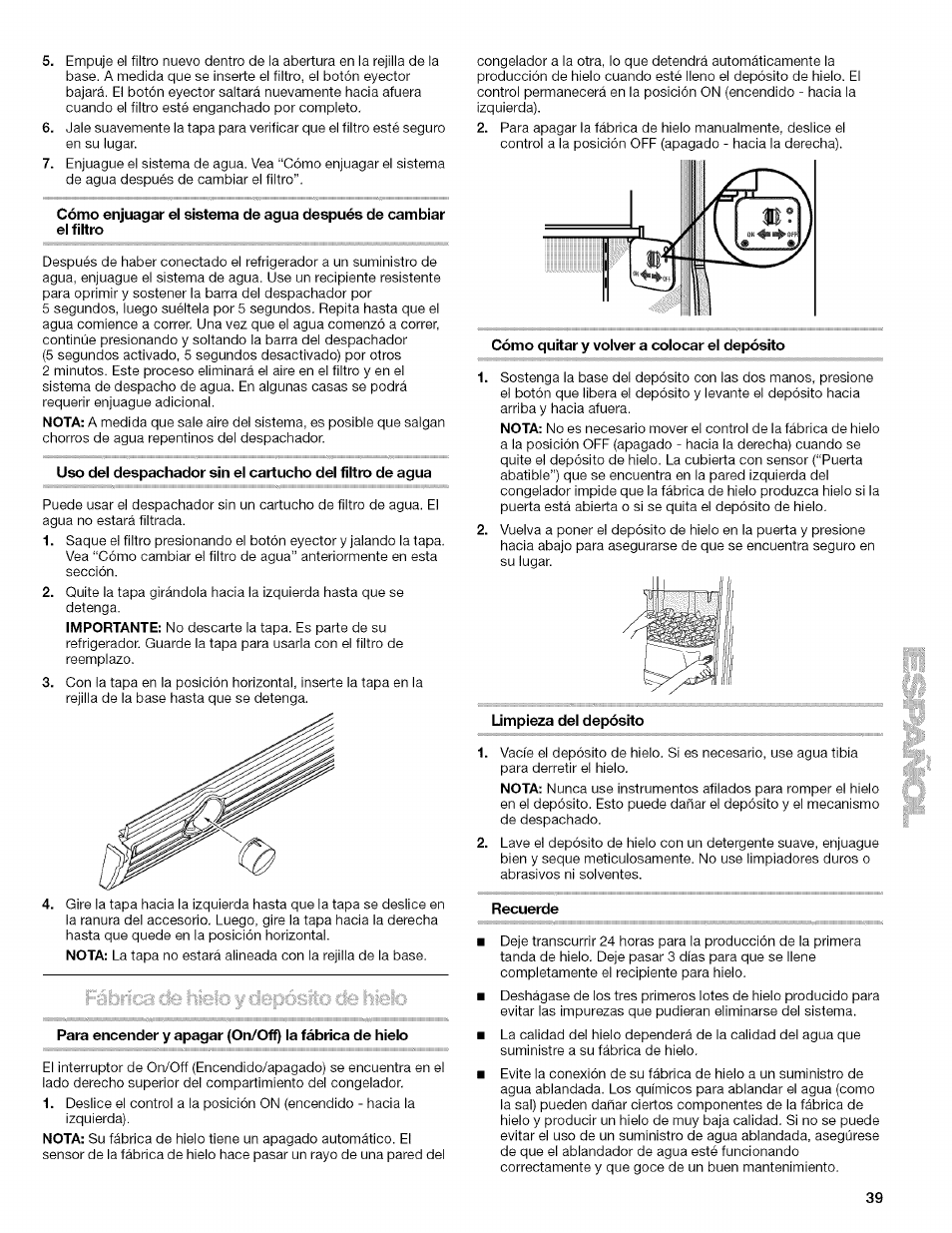 Cómo quitar y volver a colocar el depósito, Limpieza del depósito, Recuerde | Kenmore 10657034601 User Manual | Page 39 / 80