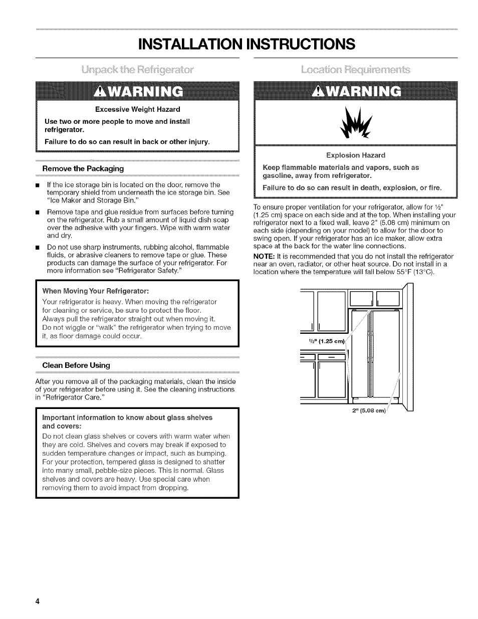 Installation instructions, Excessive weight hazard, Remove the packaging | Clean before using, A warn in, Explosion hazard | Kenmore 10657034601 User Manual | Page 4 / 80