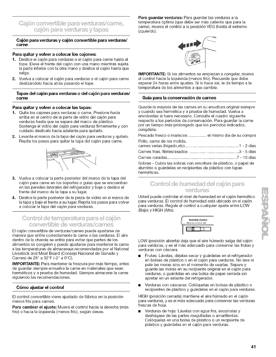 Para quitar y volver a colocar los cajones, Para quitar y volver a colocar las tapas, Cómo ajustar el control | Guía para la conservación de carnes | Kenmore 10657034601 User Manual | Page 41 / 80