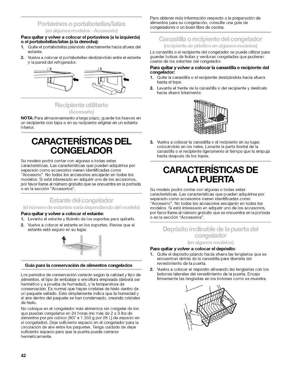 Caracteristicas del congelador, Para quitar y volver a colocar el estante, Guía para la conservación de alimentos congelados | Características de la puerta, Para quitar y volver a colocar el depósito, Características del congelador | Kenmore 10657034601 User Manual | Page 42 / 80