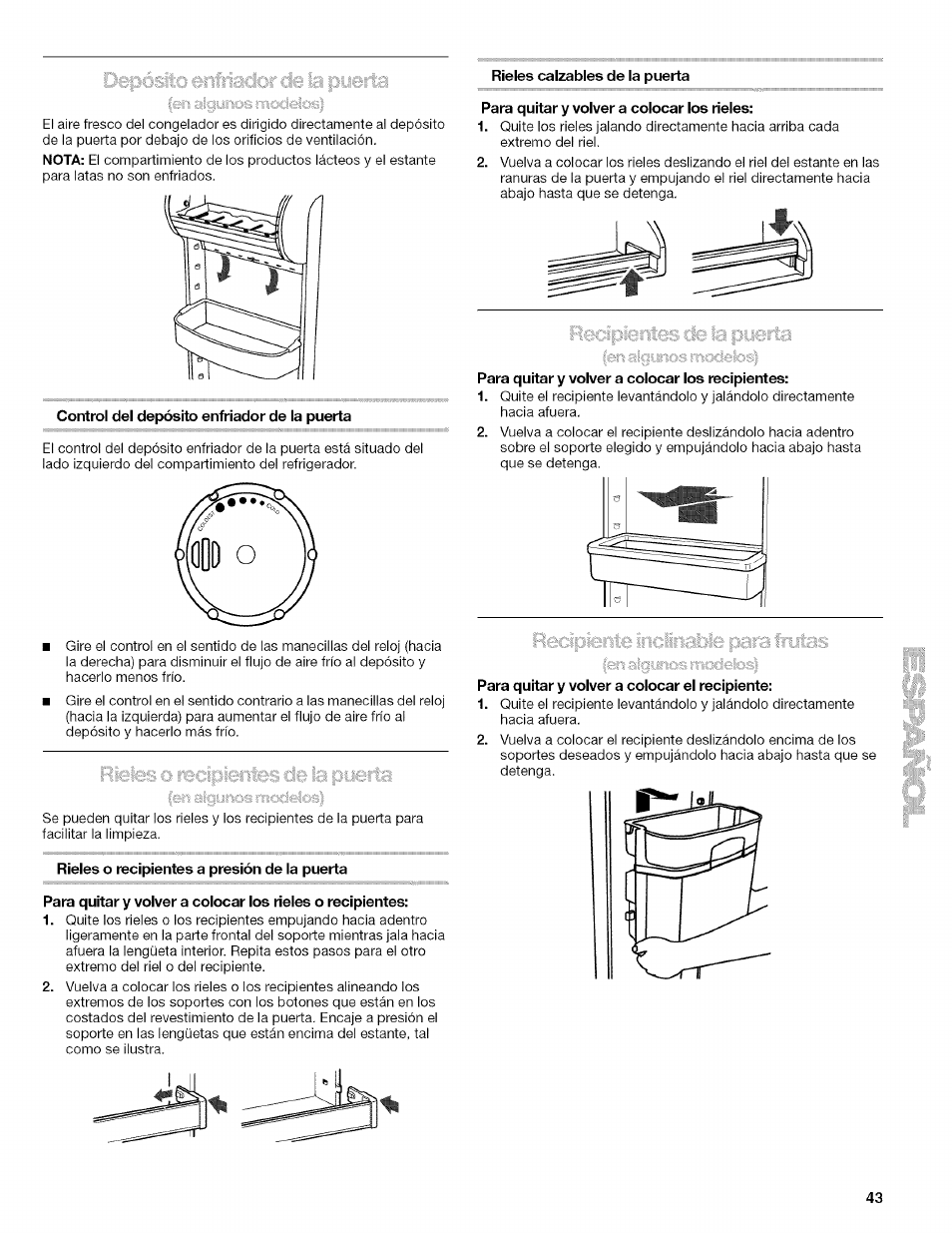 Rieles calzables de la puerta, Control del depósito enfriador de la puerta, Rieles o recipientes a presión de la puerta | Para quitar y voiver a coiocar ios rieies, Para quitar y voiver a coiocar ios recipientes, Depósito enfriador de la puerta, Rieles o recipientes de la puerta | Kenmore 10657034601 User Manual | Page 43 / 80