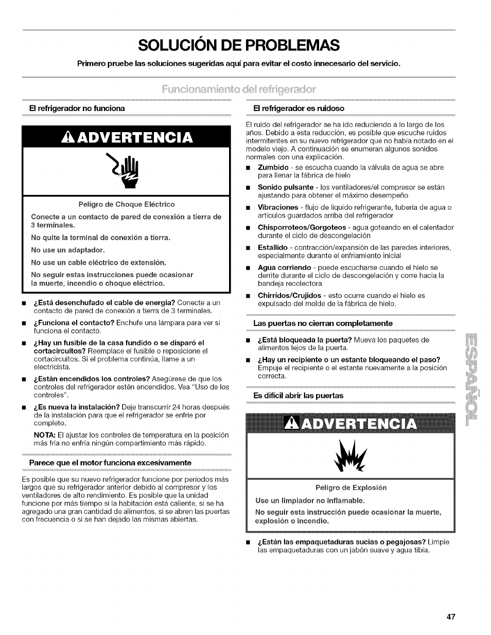 Solucion de problemas, El refrigerador no funciona, A advertencia | Parece que el motor funciona excesivamente, El refrigerador es ruidoso, Las puertas no cierran completamente, Solución de problemas, A advertencia %r | Kenmore 10657034601 User Manual | Page 47 / 80