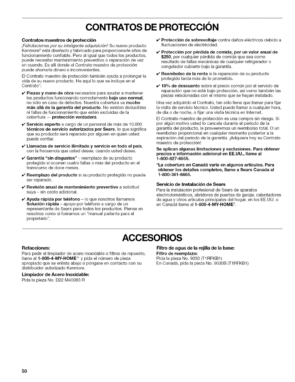 Contratos de proteccion, Contratos maestros de protección, Servicio de instalación de sears | Accesorios, Refacciones, Contratos de protección | Kenmore 10657034601 User Manual | Page 50 / 80