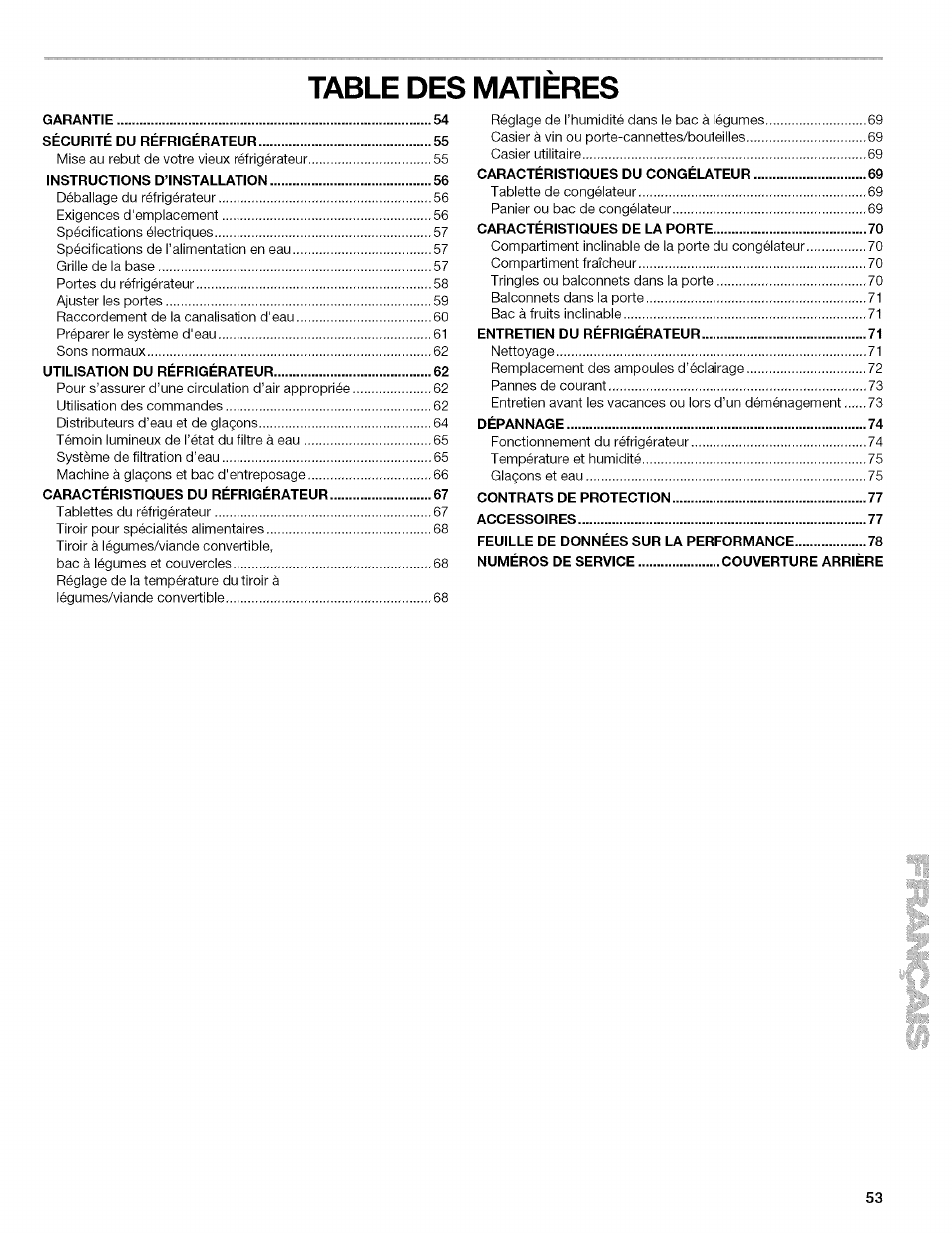 Table des matieres | Kenmore 10657034601 User Manual | Page 53 / 80