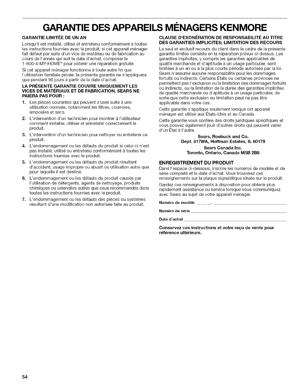 Garantie des appareils menagers kenmore, Garantie limitee de un an, Enregistrement du produit | Kenmore 10657034601 User Manual | Page 54 / 80