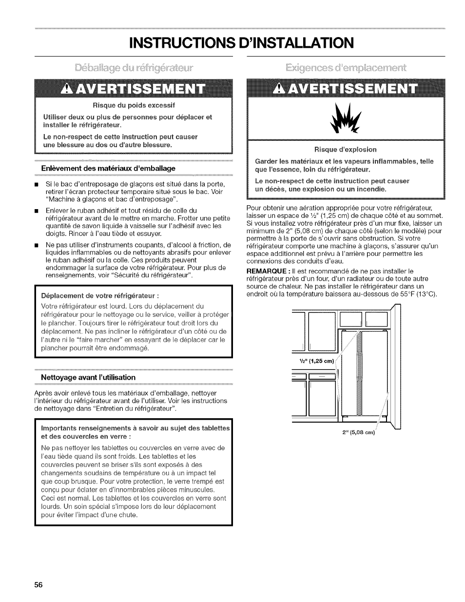 Instructions d’installation, Enlèvement des matériaux d'emballage, Nettoyage avant l’utilisation | Ikavertissemen | Kenmore 10657034601 User Manual | Page 56 / 80