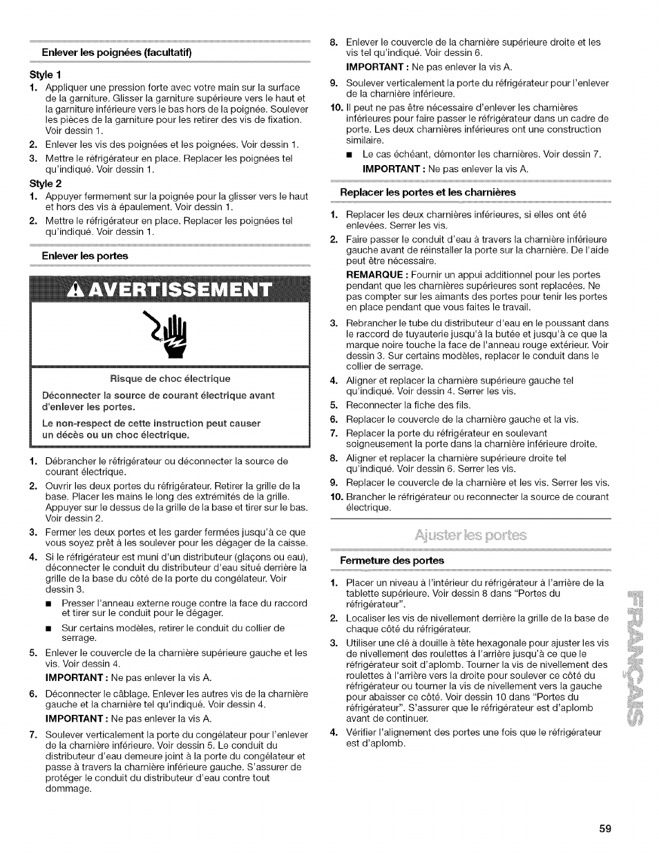 Enlever les poignées (facultatif), Style 1, Enlever les portes | Replacer les portes et les charnières, Fermeture des portes | Kenmore 10657034601 User Manual | Page 59 / 80