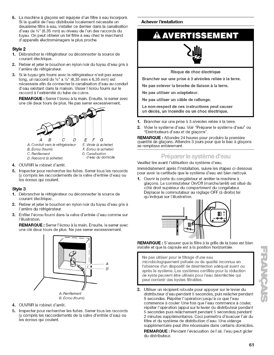 Achever l’installation, A avertissement | Kenmore 10657034601 User Manual | Page 61 / 80