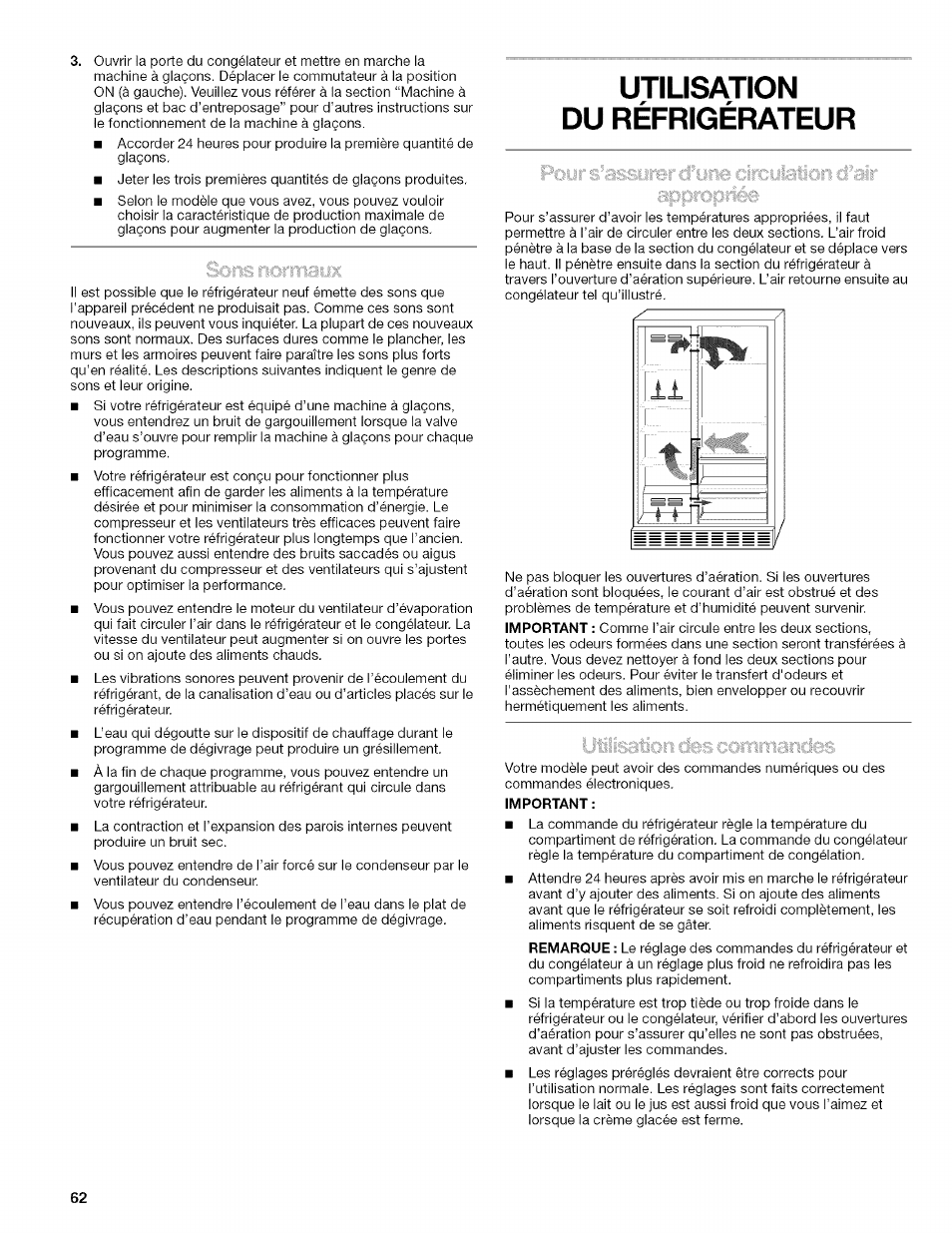 Utilisation du réfrigérateur, Important, Portes du réfrigérateur | Kenmore 10657034601 User Manual | Page 62 / 80