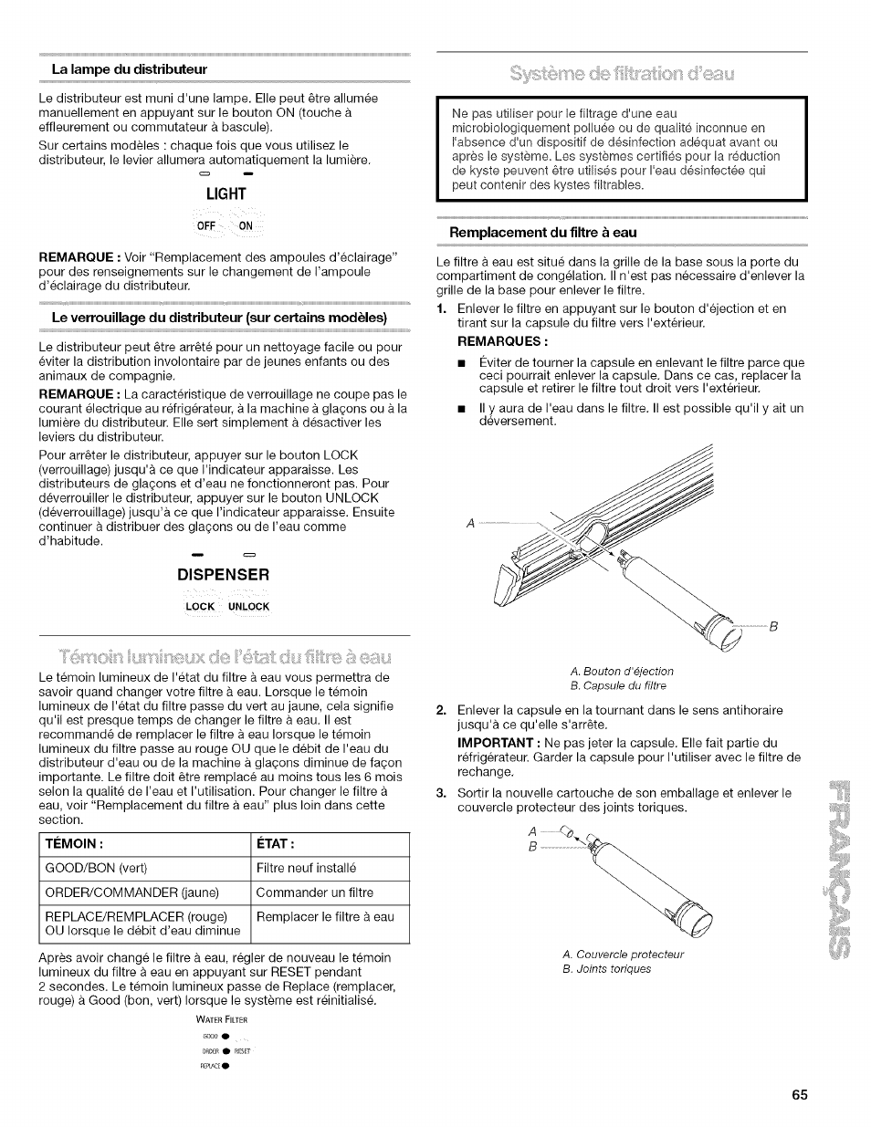 La lampe du distributeur, Remplacement du filtre à eau, Remarques | Light, Dispenser | Kenmore 10657034601 User Manual | Page 65 / 80