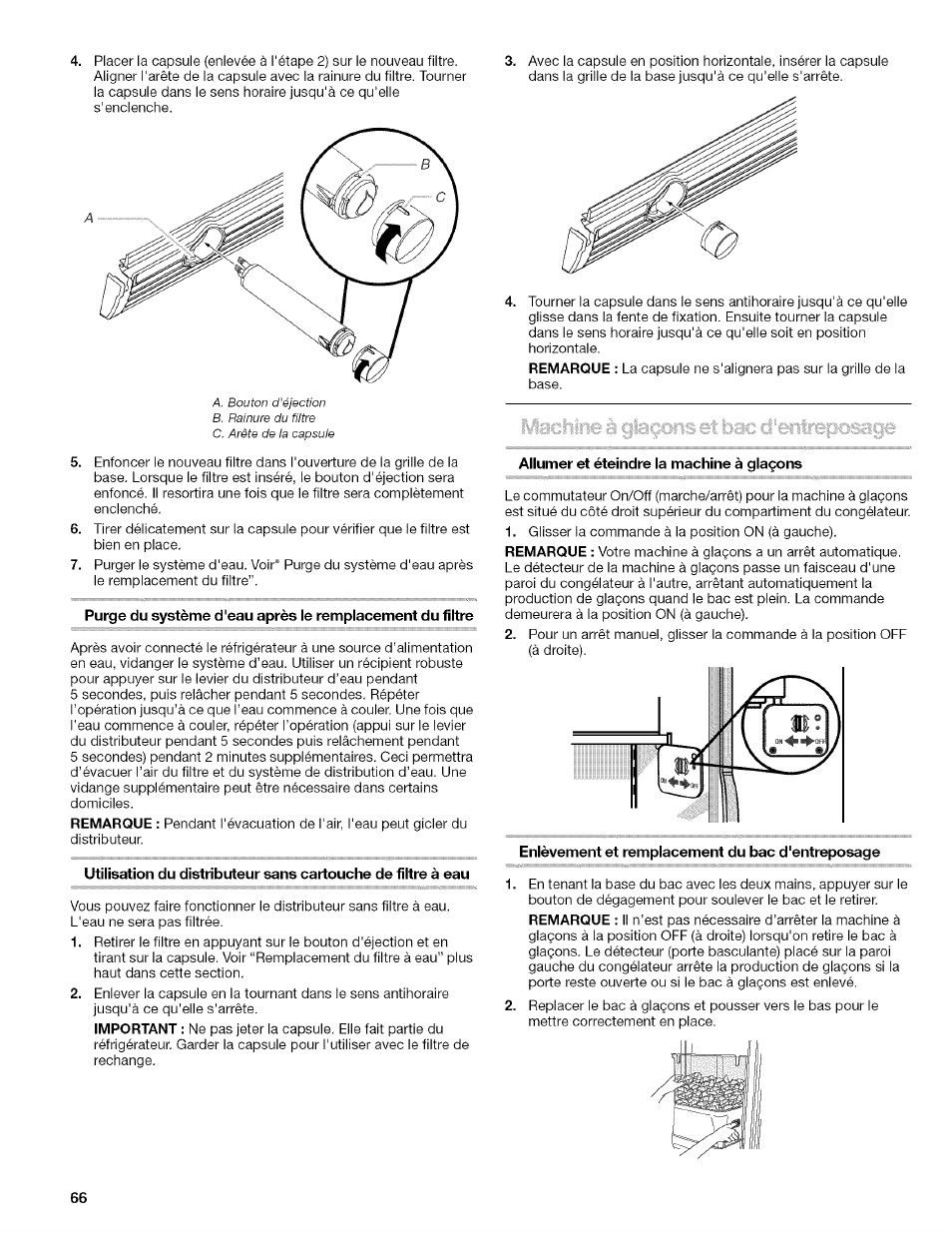 Allumer et éteindre la machine à glaçons, Enlèvement et remplacement du bac d'entreposage | Kenmore 10657034601 User Manual | Page 66 / 80