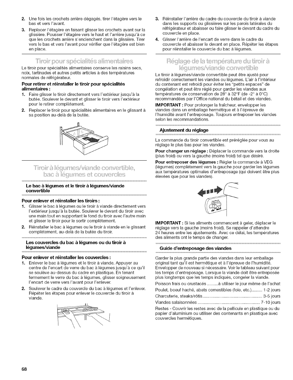 Pour enlever et réinstaller les tiroirs, Pour enlever et réinstaller les couvercles, Ajustement du réglage | Guide d’entreposage des viandes | Kenmore 10657034601 User Manual | Page 68 / 80