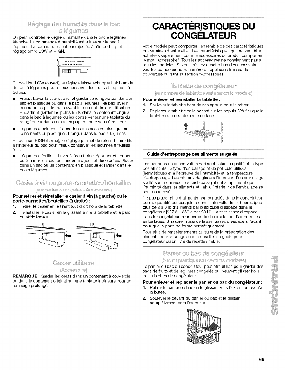 Caracteristiques du congélateur, Pour enlever et réinstaller la tablette, Guide d’entreposage des aliments surgelés | Caractéristiques du congélateur, Il n m | Kenmore 10657034601 User Manual | Page 69 / 80