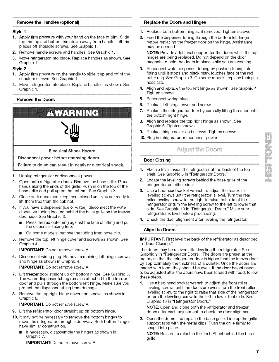 Remove the handles (optional), Replace the doors and hinges, Style 1 | Remove the doors, Door closing, Align the doors | Kenmore 10657034601 User Manual | Page 7 / 80