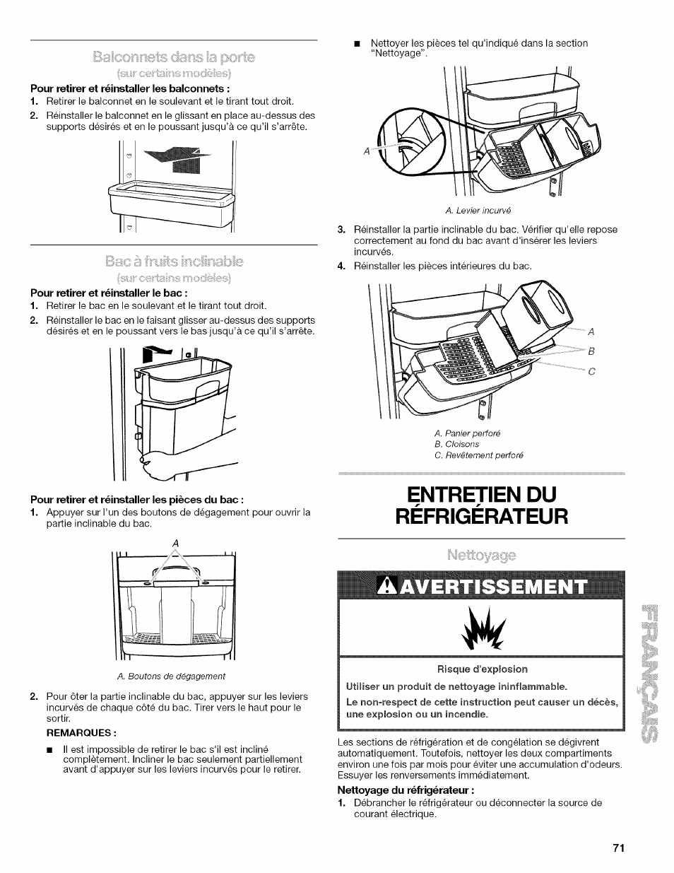 Pour retirer et réinstaller les pièces du bac, Remarques, Entretien du réfrigérateur | Utilisation du réfrigérateur, Entretien du réfrigérateur a, Avertissemen | Kenmore 10657034601 User Manual | Page 71 / 80