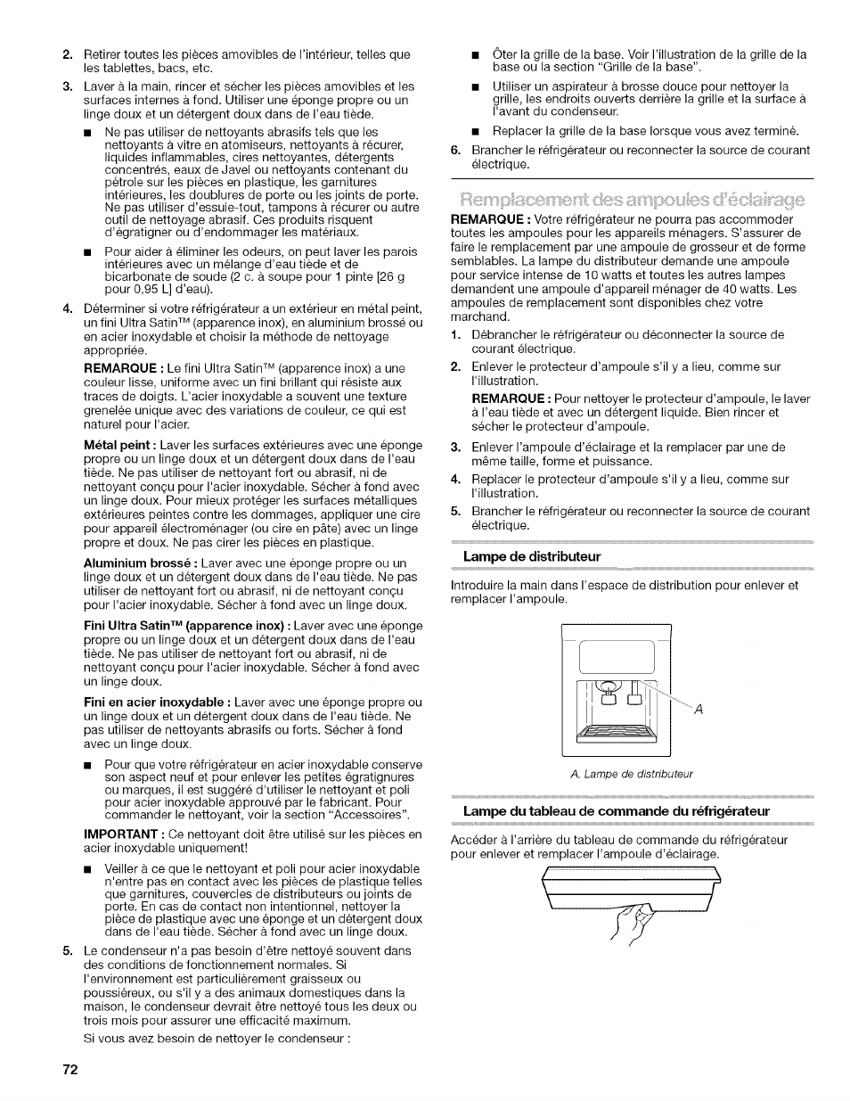 Lampe de distributeur, Lampe du tableau de commande du réfrigérateur | Kenmore 10657034601 User Manual | Page 72 / 80