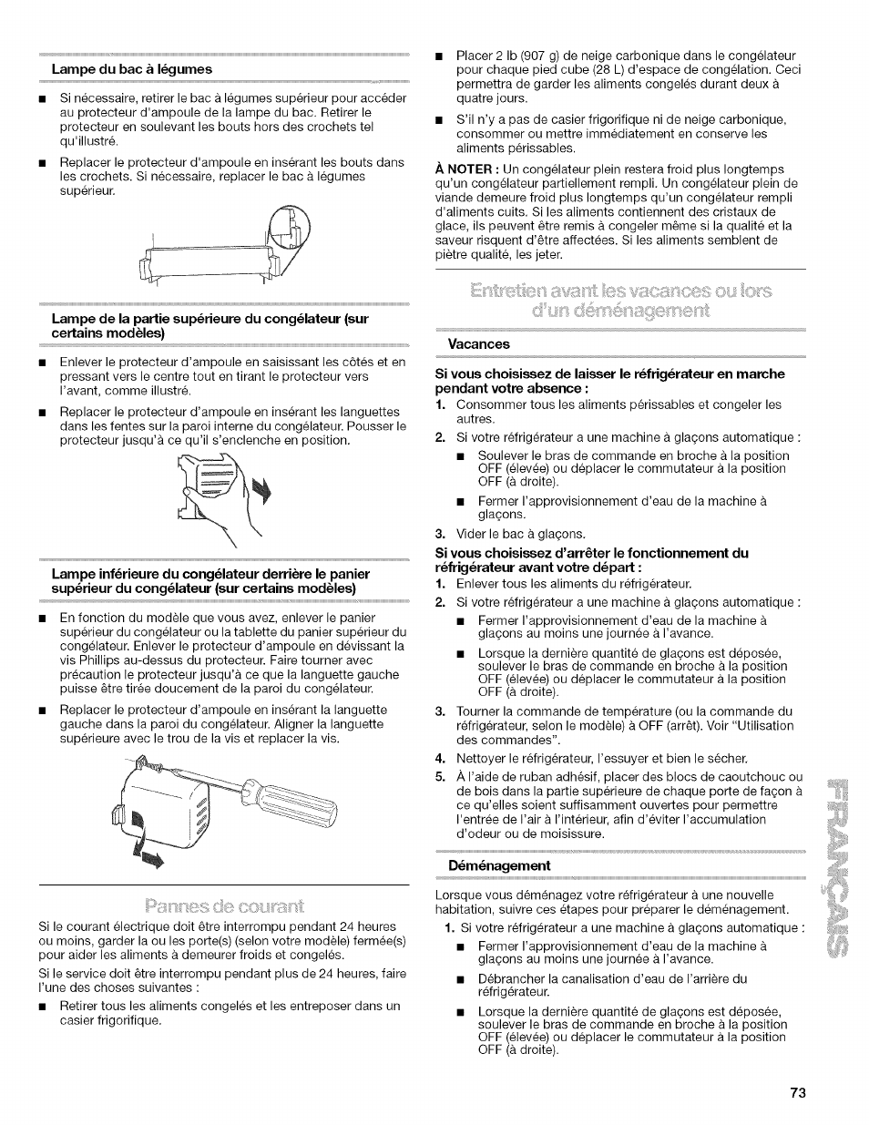 Lampe du bac à légumes, Vacances, Déménagement | Kenmore 10657034601 User Manual | Page 73 / 80