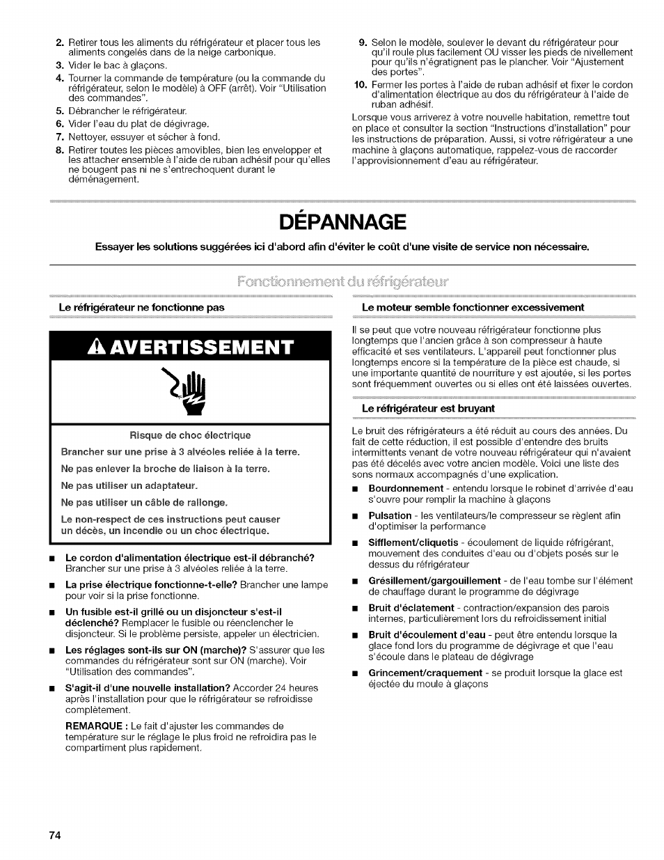 Depannage, Le réfrigérateur ne fonctionne pas, A avertissement | Le moteur semble fonctionner excessivement, Le réfrigérateur est bruyant, Dépannage, Avertissement >!ji | Kenmore 10657034601 User Manual | Page 74 / 80