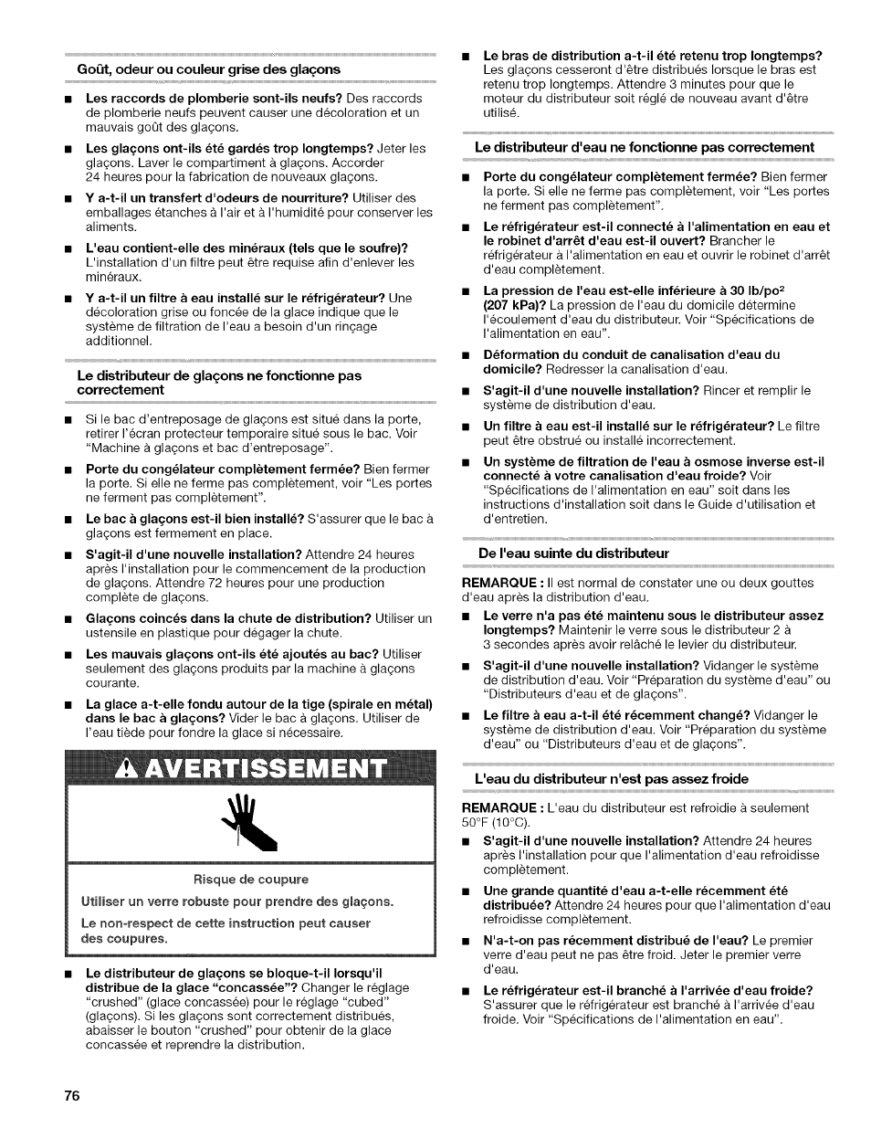 Goût, odeur ou couleur grise des glaçons, Avertissemen, De l'eau suinte du distributeur | L'eau du distributeur n'est pas assez froide | Kenmore 10657034601 User Manual | Page 76 / 80
