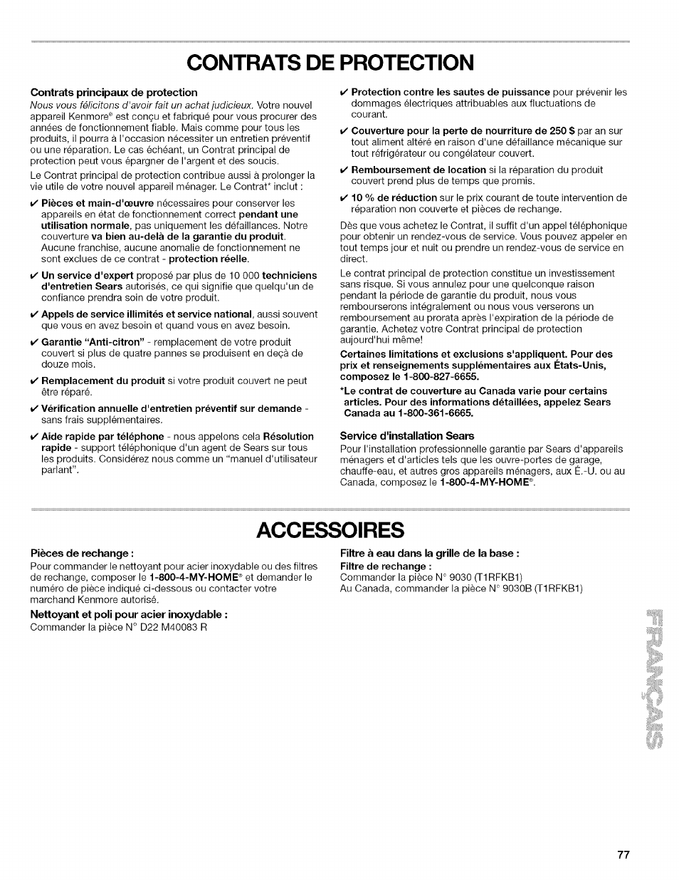 Contrats de protection, Contrats principaux de protection, Service d'installation sears | Accessoires, Pièces de rechange, Filtre à eau dans la grille de la base | Kenmore 10657034601 User Manual | Page 77 / 80