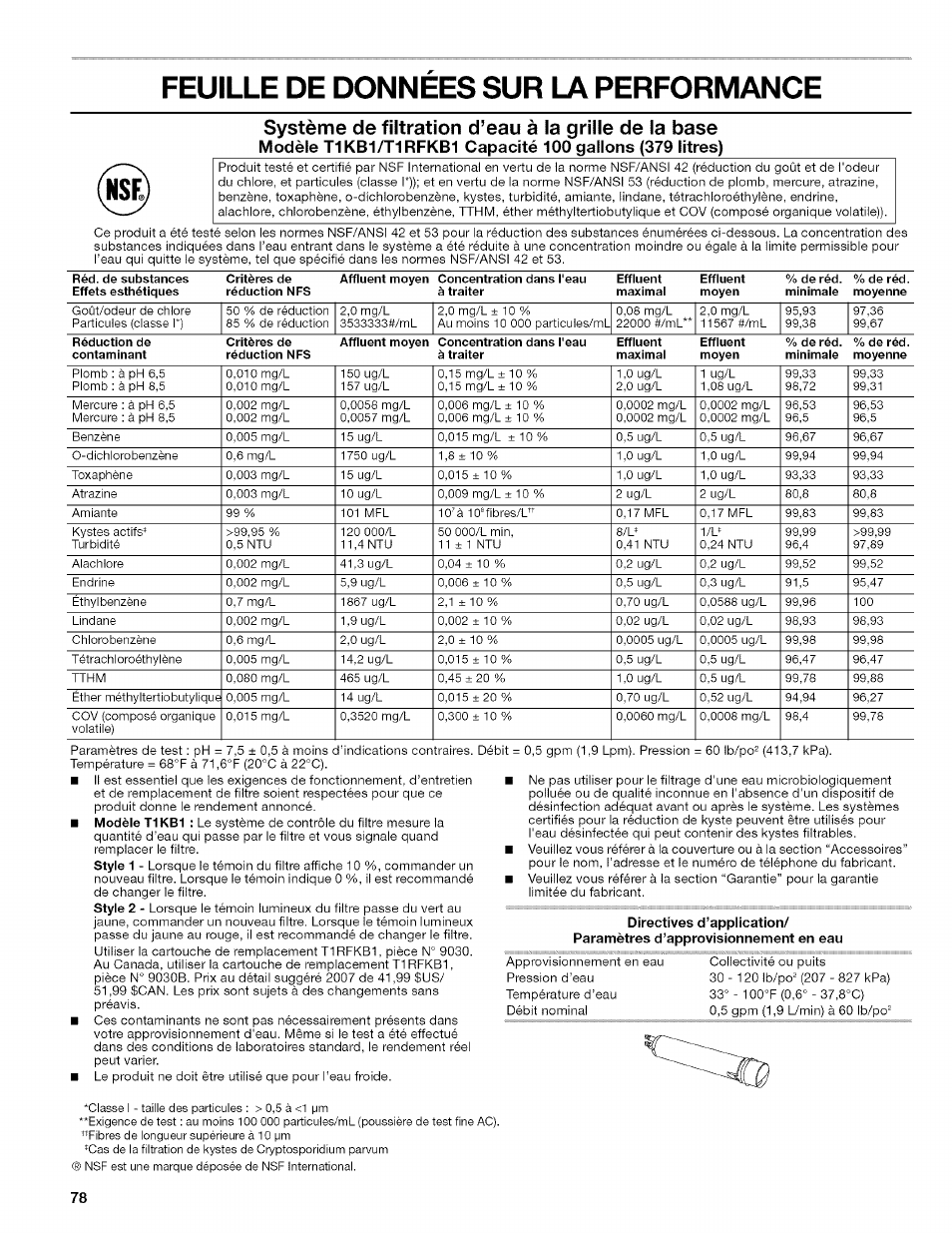 Feuille de donnees sur la performance, Feuille de données sur la performance, Système de filtration d’eau | La grille de la base | Kenmore 10657034601 User Manual | Page 78 / 80