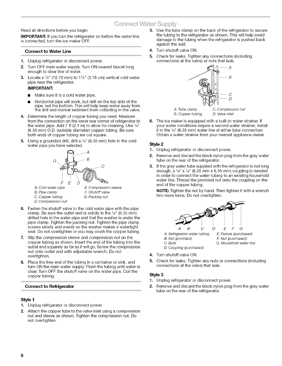 Connect to water line, Important, Connect to refrigerator | Style 1, Style 2, Styles | Kenmore 10657034601 User Manual | Page 8 / 80