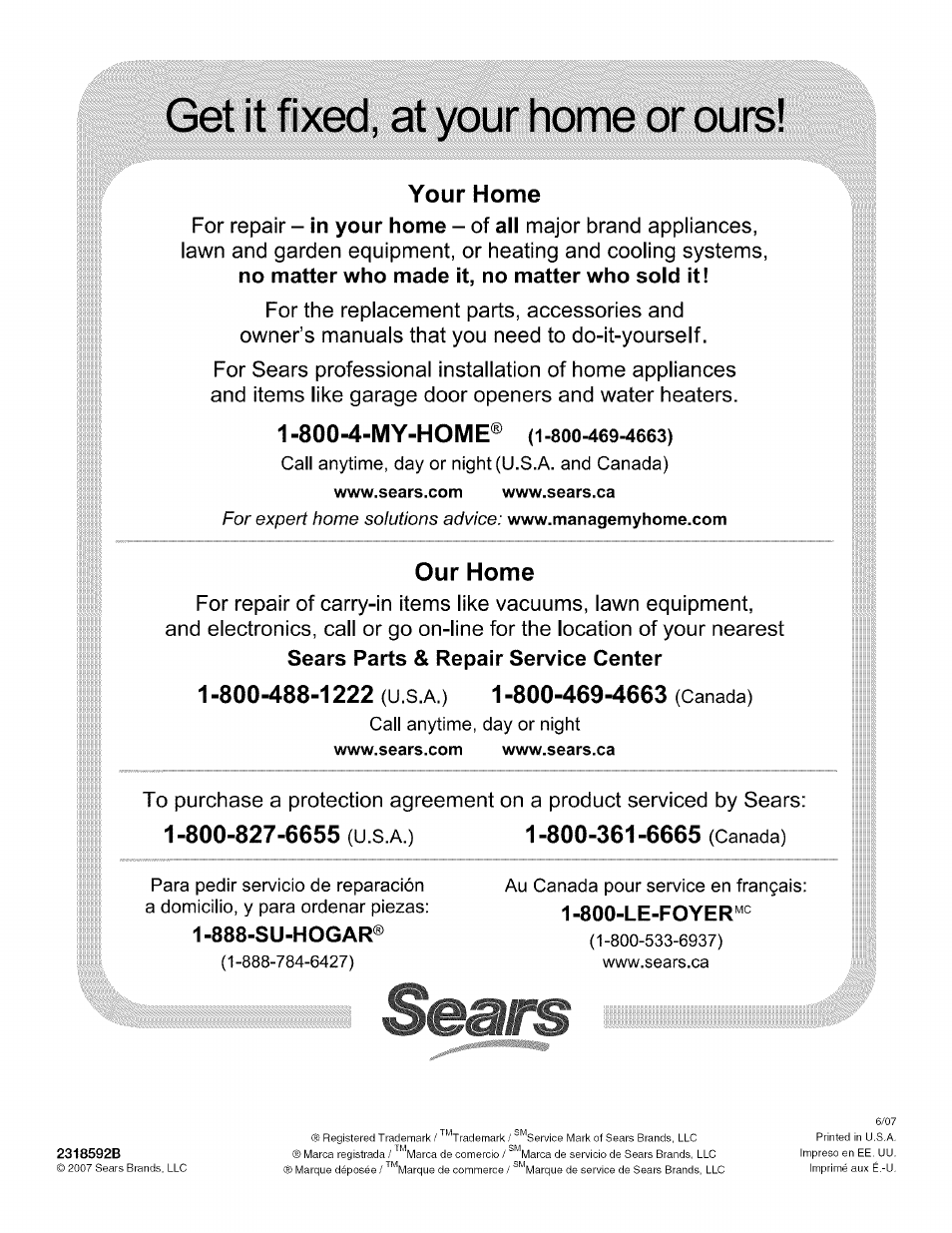 Get it fixed, at your home or ours, 888-su-hogar, For expert home solutions advice | Kenmore 10657034601 User Manual | Page 80 / 80