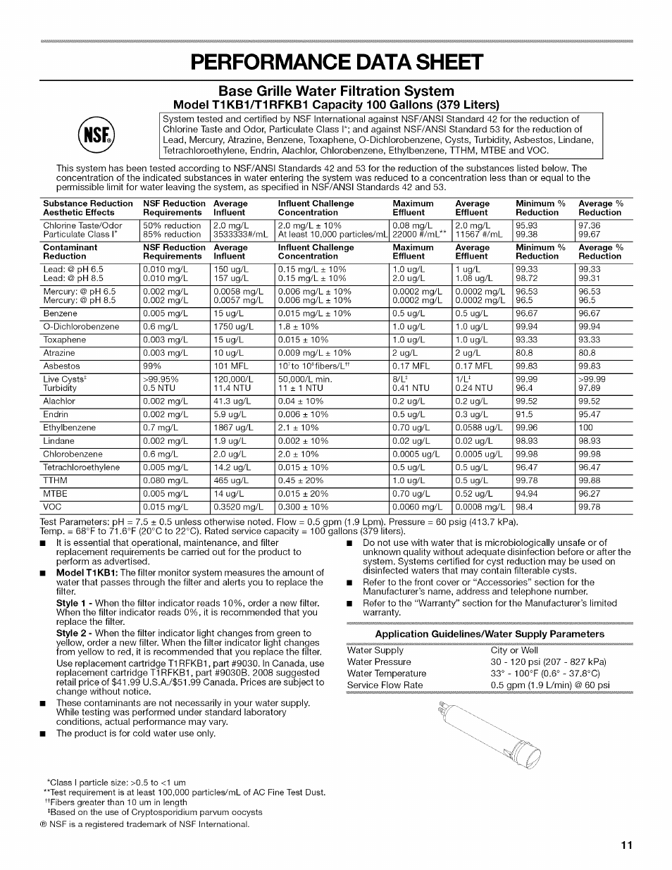 Performance data sheet, Base grille water filtration system | Kenmore 10646033801 User Manual | Page 11 / 40