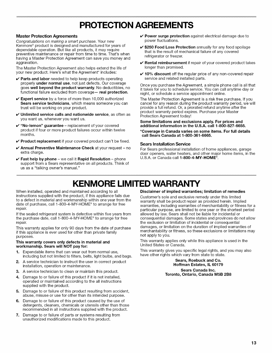 Master protection agreements, Sears installation service, Protection agreements | Kenmore limited warranty | Kenmore 10646033801 User Manual | Page 13 / 40