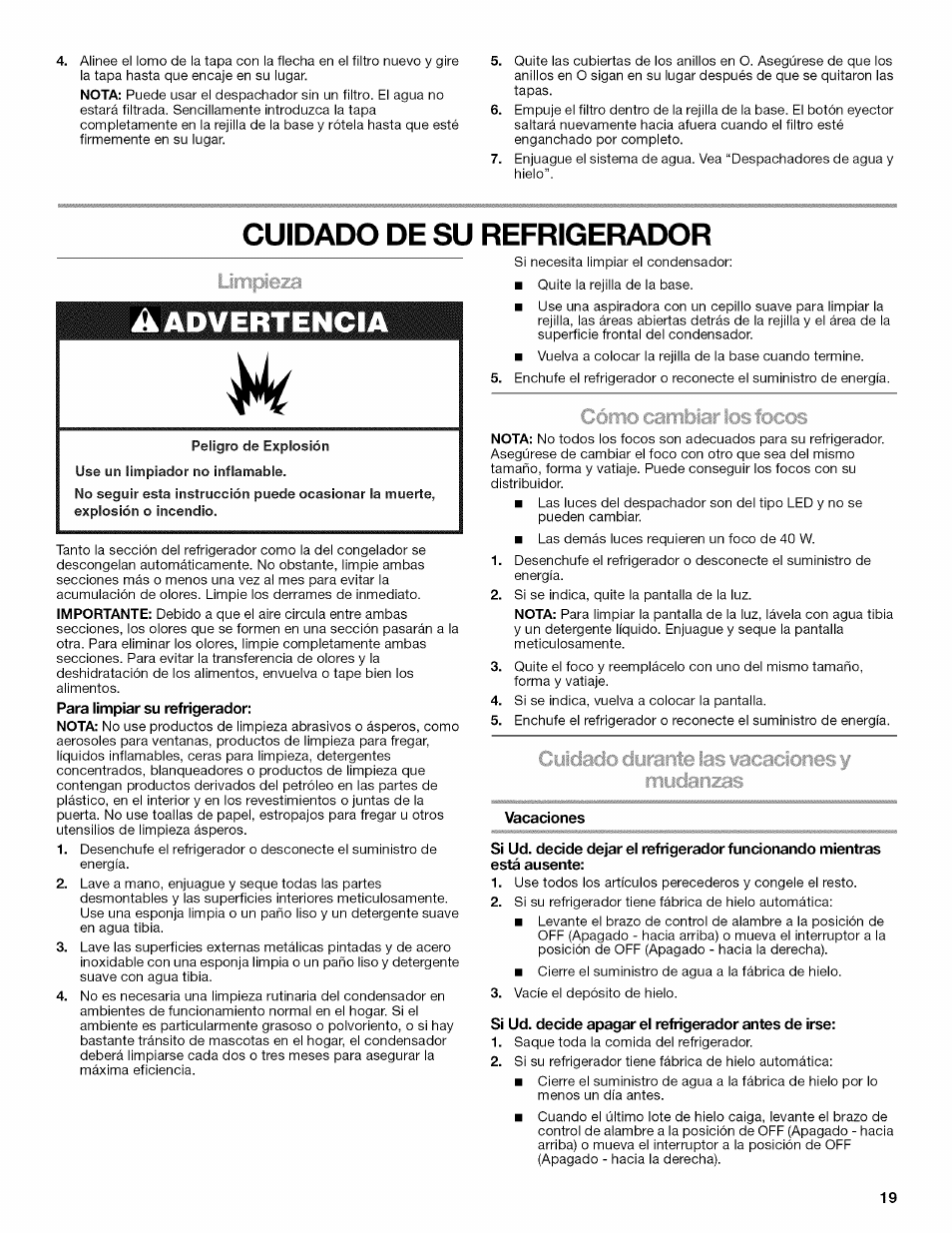 Para limpiar su refrigerador, Vacaciones, Si ud. decide apagar el refrigerador antes de irse | A advertencia, Cuidado de su refrigerador, Aiiy w | Kenmore 10646033801 User Manual | Page 19 / 40