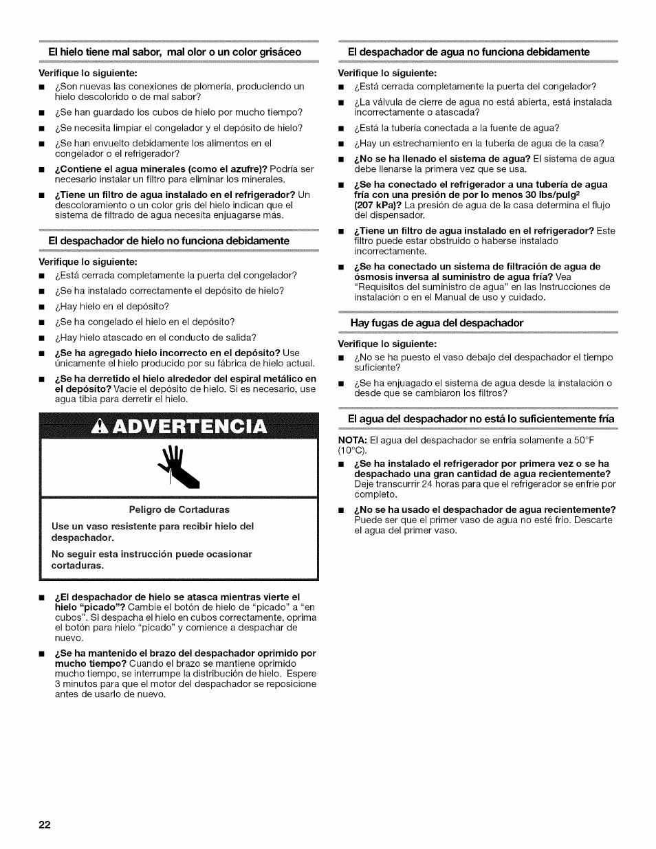 Hay fugas de agua del despachador, A advertencia | Kenmore 10646033801 User Manual | Page 22 / 40