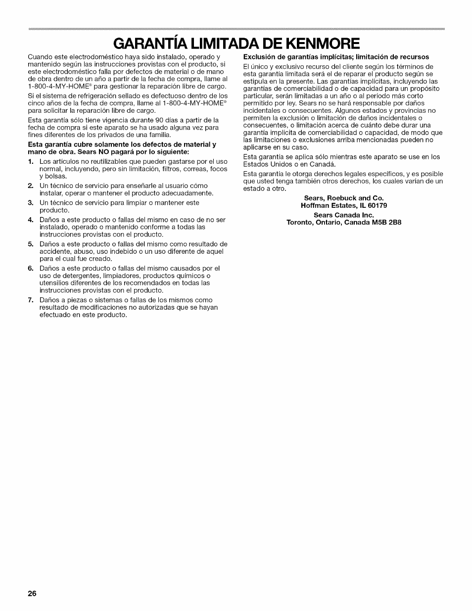 Garantia limitada de kenmore | Kenmore 10646033801 User Manual | Page 26 / 40