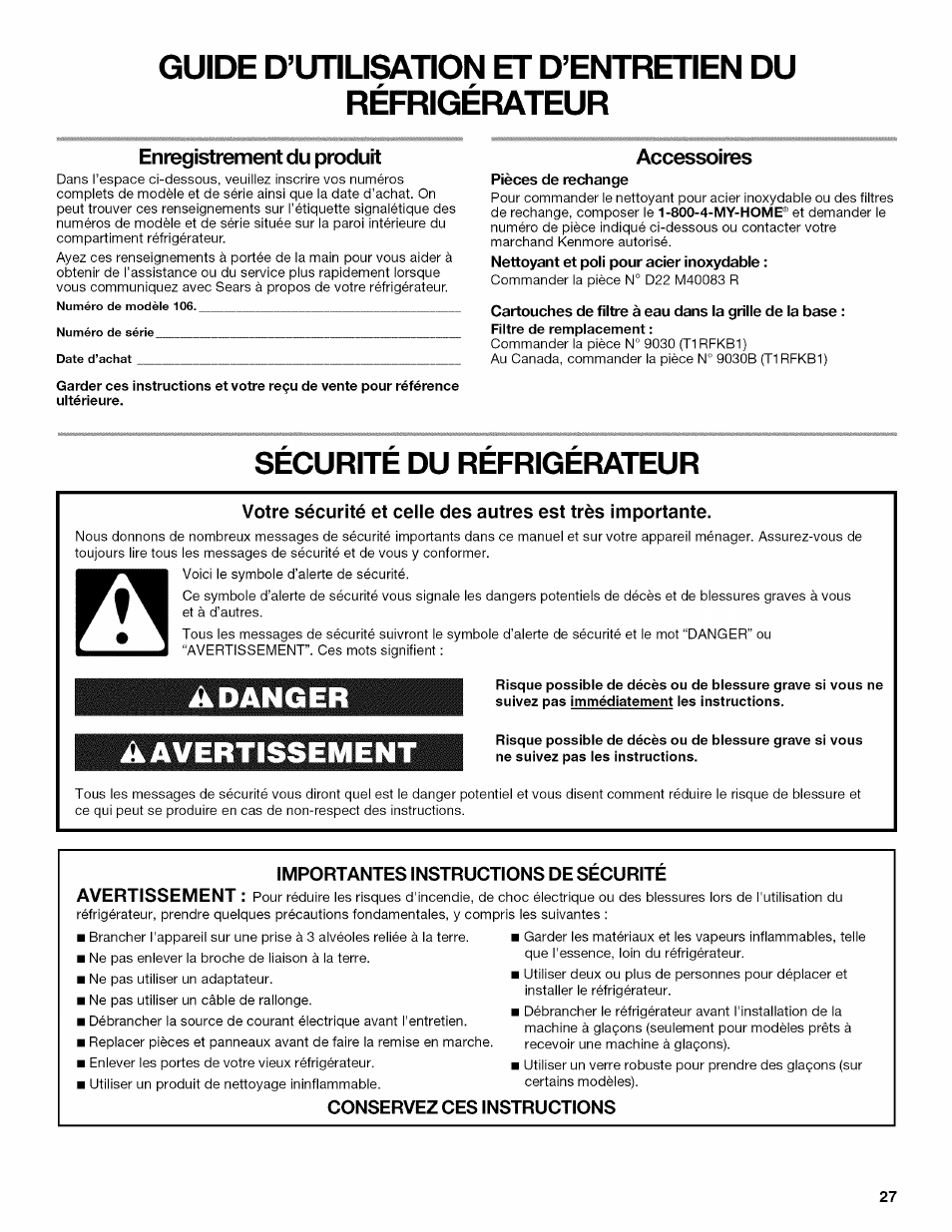 Guide d’utilisation et d’entretien du, Réfrigérateur, Enregistrement du produit | Accessoires, Pièces de rechange, Nettoyant et poli pour acier inoxydable, Importantes instructions de securite, Conservez ces instructions, Adanger a avertissement, Securite du refrigerateur | Kenmore 10646033801 User Manual | Page 27 / 40
