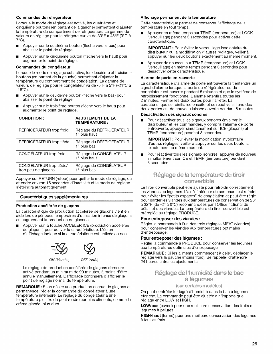 Caractéristiques supplémentaires, Pour entreposer des viandes, Pour entreposer des légumes | Kenmore 10646033801 User Manual | Page 29 / 40
