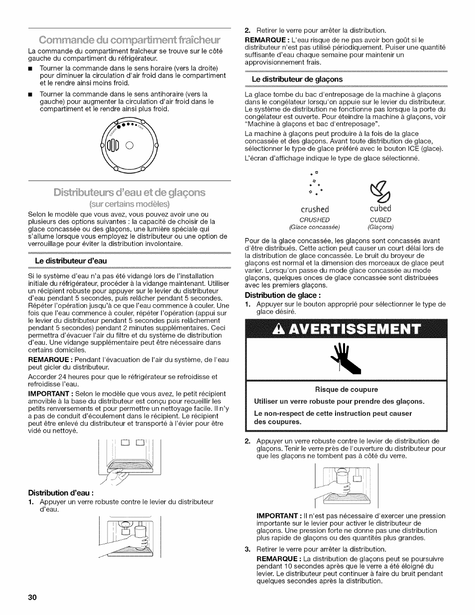 Le distributeur d’eau, Le distributeur de glaçons, Distribution de glace | A avertissement, Rtientfraîcheîur | Kenmore 10646033801 User Manual | Page 30 / 40