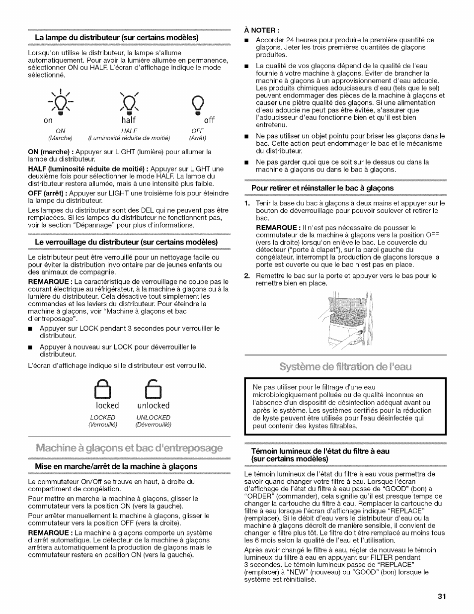La lampe du distributeur (sur certains modèles), Locked, Unlocked | Mise en marche/arrêt de la machine à glaçons, Pour retirer et réinstaller le bac à glaçons, Ici‘-eittrbpcií>a£|e | Kenmore 10646033801 User Manual | Page 31 / 40