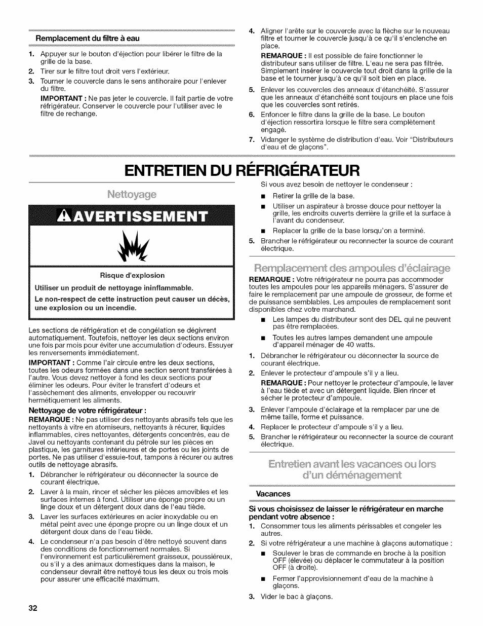 Remplacement du filtre à eau, Nettoyage de votre réfrigérateur, Vacances | Entretien du refrigerateur, Avertissement | Kenmore 10646033801 User Manual | Page 32 / 40