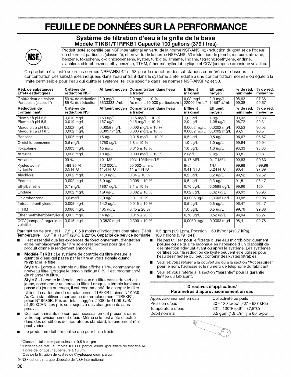 Feuille de donnees sur, Performance, Système de filtration d’eau à la grille de la base | Kenmore 10646033801 User Manual | Page 36 / 40